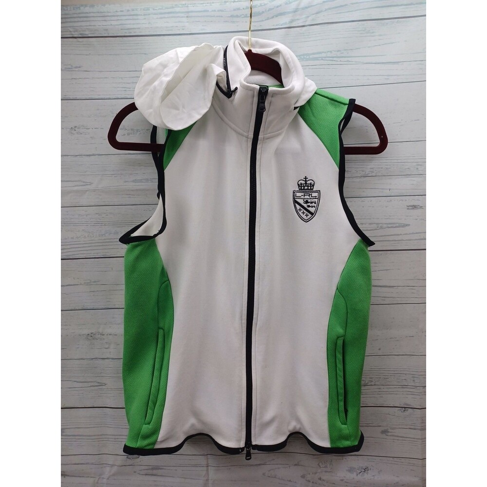 LRL Lauren Active Vest Womens Green White Zip Pockets Hood Fold/Hide In Collar M